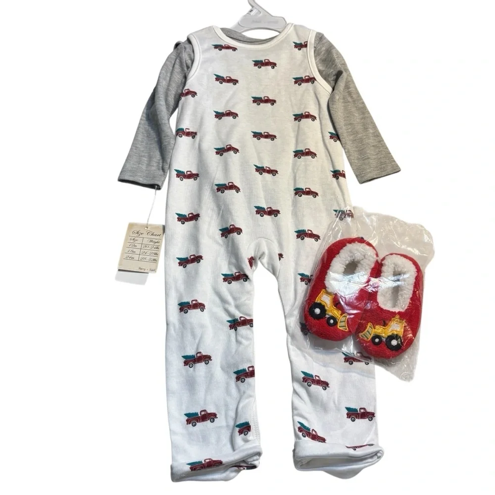 NWT Infant SET 18 months Bodysuit White w/Red Trucks & Grey Shirt & Red Slippers